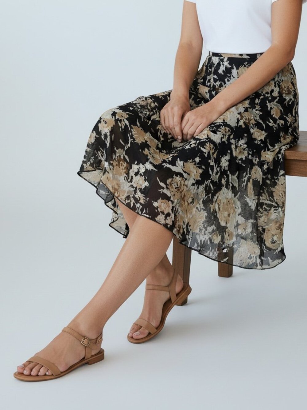 Briggs New York Women's Midi Skirt Medium Black Floral Flowy Layered Hem